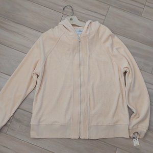 Hot Cotton Cream Velour Long Sleeve Zip Front Hooded Jacket.  Size M